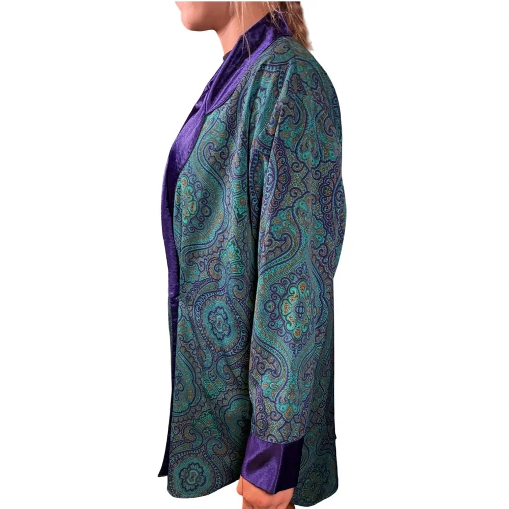 Victoria's Secret Robe Women Small Teal Purple Good Vintage Paisley Gold Label